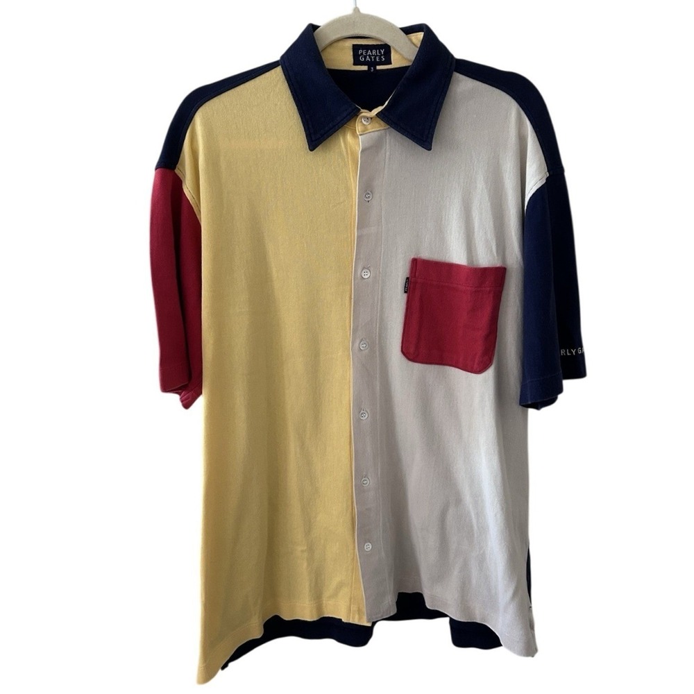 Pearly Gates Mens Colorblock Button Down Polo Shirt Multi Color Size 3 Golf Logo